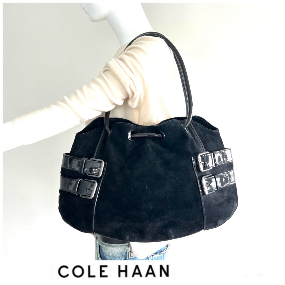 COLE HAAN Black Suede w Patent Leather Side Buckle Pockets Shoulder Bag Tote